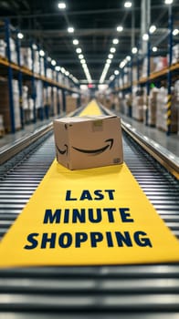 Last Minute Shopping Conveyor Belt, Shipping Box, Distribution Warehouse, Yellow Tape