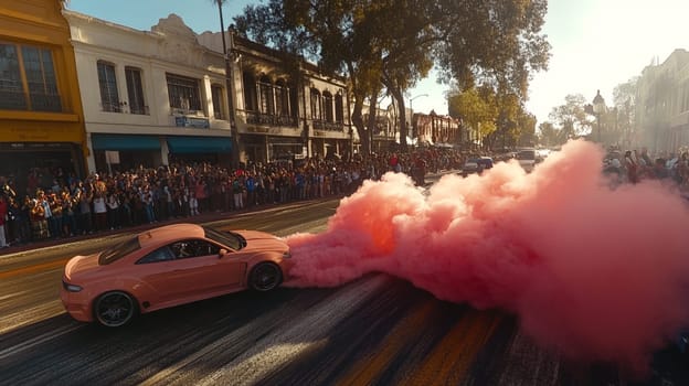 Powerful sports cars race through city streets at sunset, leaving a trail of smoke, thrilling spectators with high speed action