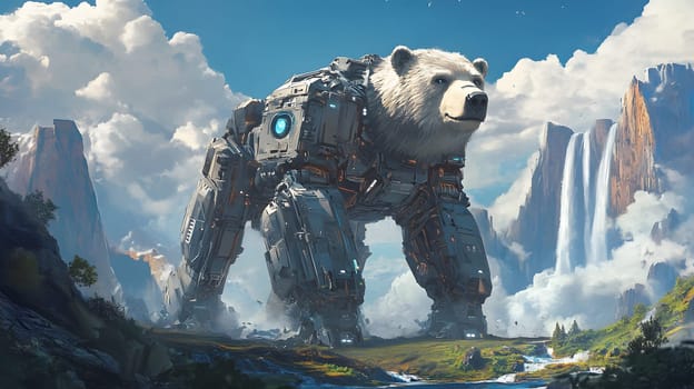 A giant robotic bear stands in a scenic landscape with waterfalls.