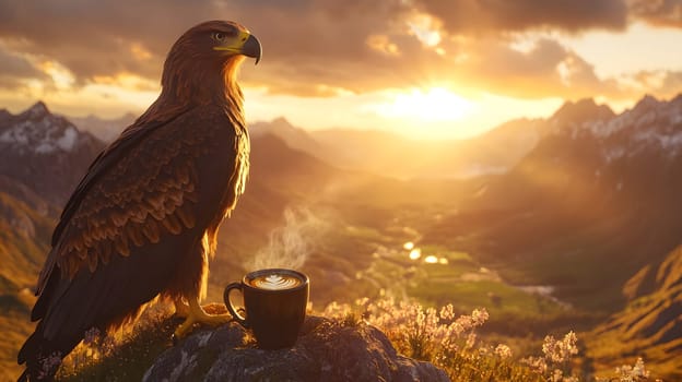 A majestic eagle overlooks a serene landscape with a steaming cup.