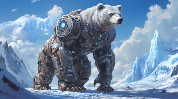 A robotic polar bear stands in a snowy landscape, showcasing technology.
