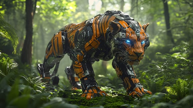 A robotic tiger prowling through a lush, green forest environment.