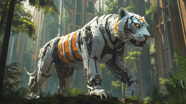 A robotic tiger stands in a lush, futuristic forest setting.