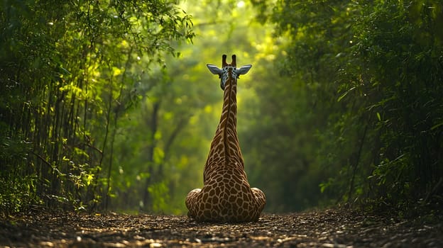 A serene giraffe resting in a lush, green forest path.