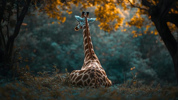 A serene giraffe resting in a tranquil, lush environment.