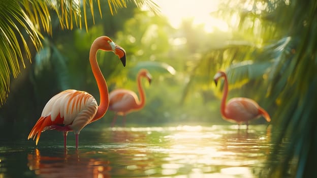 A serene scene with flamingos in a lush, tropical environment.