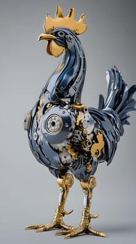 A mechanical rooster with intricate gears and a metallic finish.