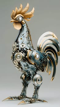 A metallic rooster sculpture made from gears and mechanical parts.