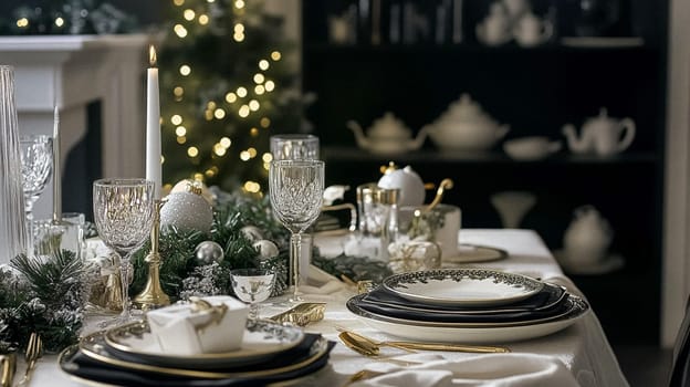 Christmas tablescape decoration, formal family dinner holiday celebration, luxury table setting decor, English country and home style idea