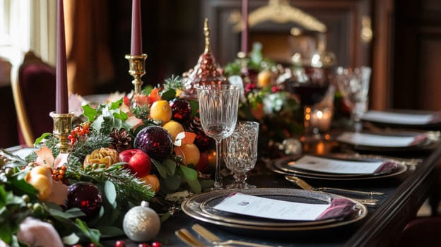 Christmas tablescape decoration, formal family dinner holiday celebration, luxury table setting decor, English country and home style idea