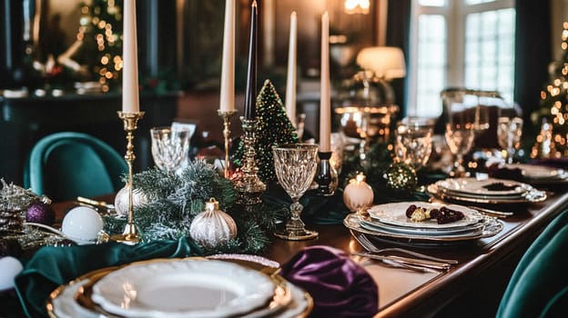 Christmas tablescape decoration, formal family dinner holiday celebration, luxury table setting decor, English country and home style idea