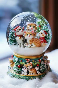 Snow globe featuring kittens and puppies playing in a snowy setting, surrounded by festive decorations. the base is adorned with colorful paw print and holiday-themed designs, making it perfect for seasonal decor or gifting.