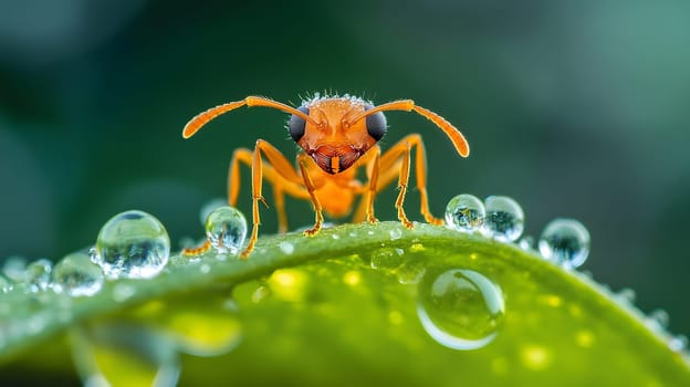 Close-up of an orange ant on a leaf with water droplets.