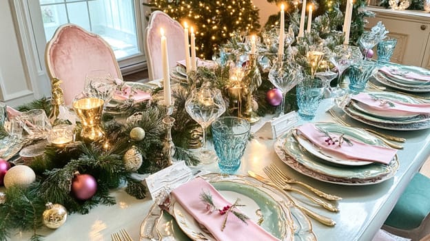 Christmas tablescape decoration, formal family dinner holiday celebration, luxury table setting decor, English country and home style idea