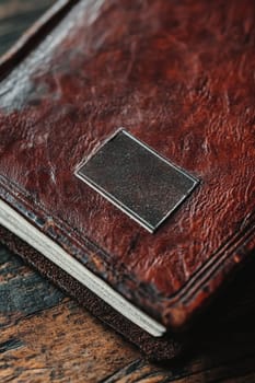 Close-up view of a glossy rectangular sticker on a textured leather journal, the contrast between the shiny sticker surface and the matte leather texture. ideal for branding, stationery design, and product presentation themes.