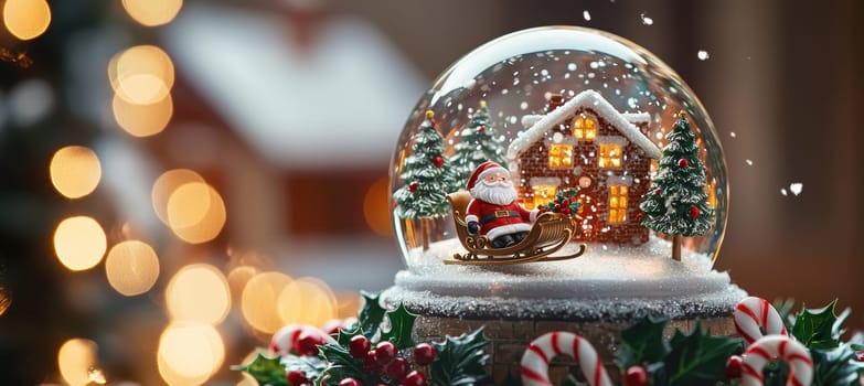 A charming snow globe featuring santa and his sleigh landing on a snow-covered rooftop. glittering snowflakes fall gently around him, while the base of the globe is adorned with holly and candy cane accents, creating a festive holiday feel.