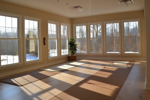 Serene yoga studio featuring mocha mousse mats, neutral-toned walls, and gentle natural light through large windows. the tranquil setting includes minimalist decor with plants, inviting relaxation and mindfulness in a calm environment.