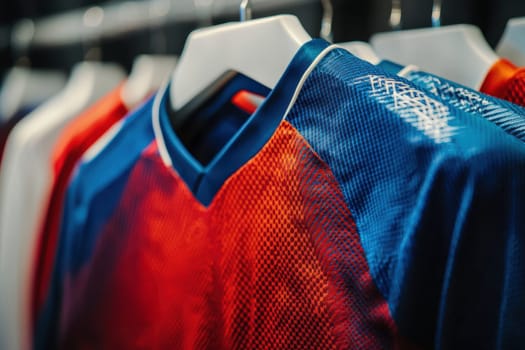 Close-up of a soccer jersey featuring premium stitching and vibrant colors. ideal for showcasing customization, branding, and design elements in sports apparel. the minimalist backdrop enhances focus on the fabric and hue details.