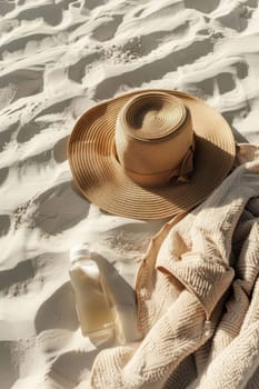 A tranquil beach setup featuring a mocha mousse towel, a stylish sun hat, and sunscreen bottle on pristine white sand. the scene exudes calmness, perfect for concepts related to summer vacations and sun protection.