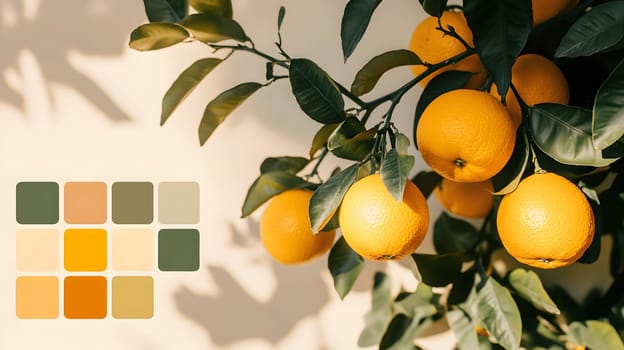 A branch of oranges with a color palette for design inspiration.