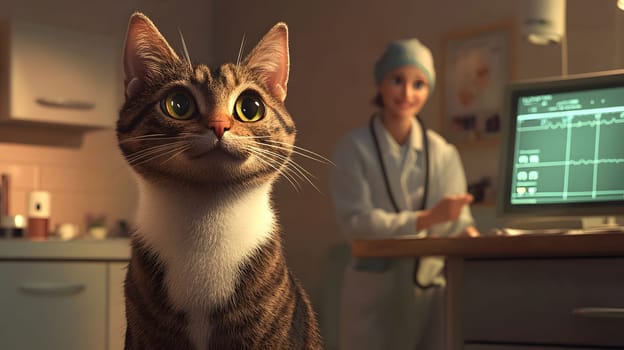 A cat in a veterinary clinic with a smiling veterinarian.