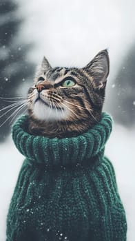 A cat wearing a cozy green sweater in a snowy landscape.