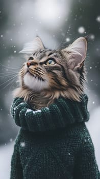 A cat wearing a cozy sweater gazes thoughtfully at falling snowflakes.