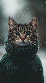 A cat wearing a green sweater amidst falling snowflakes.