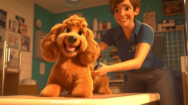 A cheerful dog being groomed by a smiling person in a pet salon.