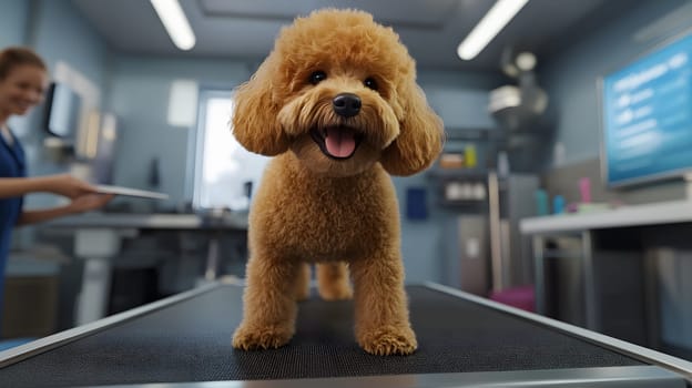 A cheerful dog on a veterinary table, ready for care.