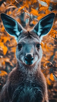 A close-up of a kangaroo amidst autumn foliage.