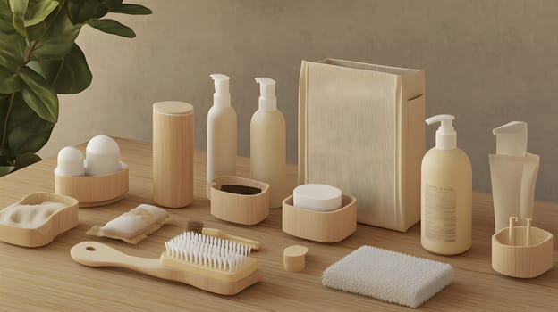 A collection of eco-friendly personal care products on a wooden surface.