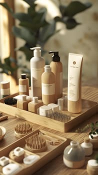 A collection of natural skincare products displayed on a wooden tray.