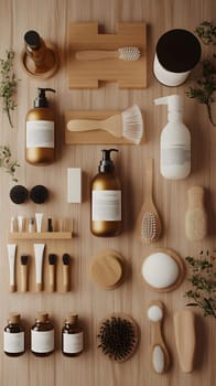 A collection of natural skincare and grooming products on a wooden surface.