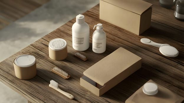 A collection of personal care items on a wooden table.