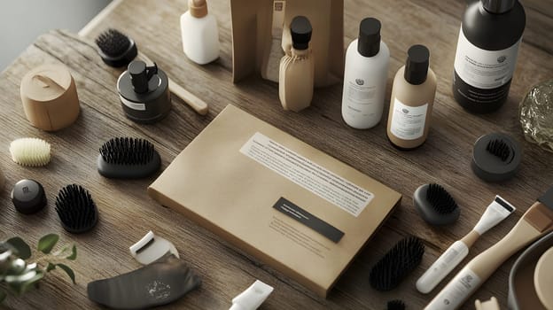 A collection of personal care products arranged on a wooden surface.