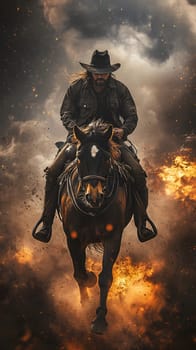 A cowboy riding a horse through a dramatic, fiery landscape.