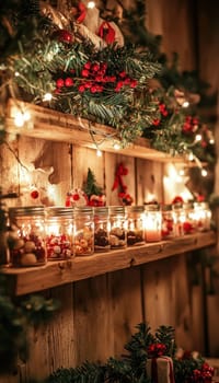 Mason jars filled with candies serve as a diy advent calendar on a rustic wooden shelf adorned with holiday greenery and twinkling fairy lights. ideal for festive home decor during the holiday season, adding a cozy, warm ambiance.