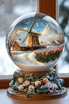 A decorative snow globe featuring a picturesque snowy windmill surrounded by frosted tulip fields. delicate snow swirls inside, the classic dutch patterns on the ornate base, perfect for festive home displays or gifts.