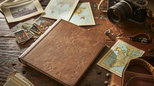 Mocha mousse sits elegantly on a wooden table, surrounded by a camera, map, and scattered postcards, creating an enticing travel-inspired scene. ideal for designs culinary adventures and wanderlust themes.