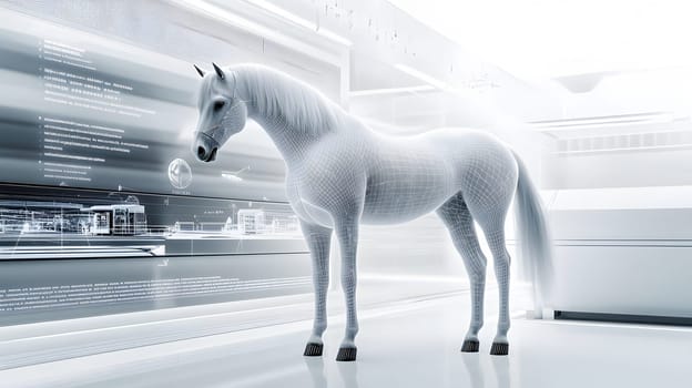 A futuristic, digital representation of a horse in a sleek environment.