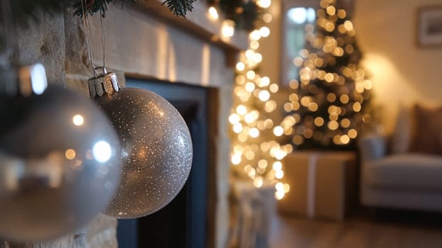 Christmas, holiday decor and country cottage style, cosy atmosphere, decorated Christmas tree in the English countryside house living room with fireplace, interior decoration idea