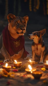 A lion and a dog sit together by candles, surrounded by flowers.