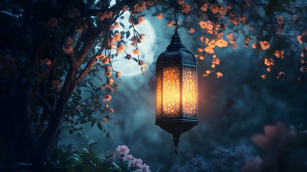 A lantern glows softly amidst blooming flowers in a tranquil setting.