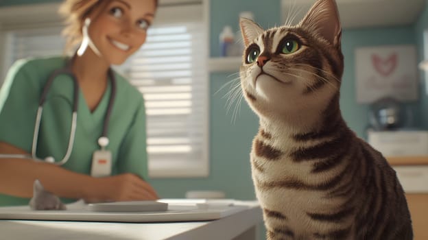 A veterinarian smiling while examining a cat in a clinic.