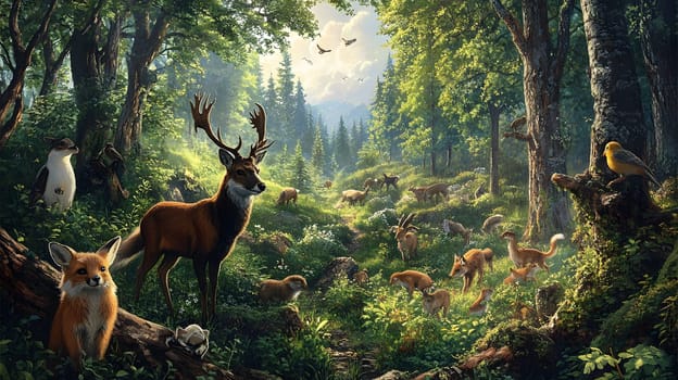 A vibrant forest scene teeming with various wildlife and plants.