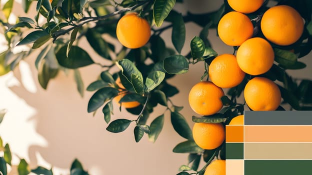 A vibrant orange tree with ripe fruit and color palette.