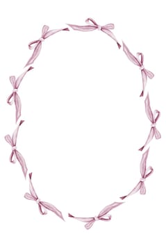 Pink watercolor elegant bow farme. Knotted thin ribbon in vintage style. For designing cards and invitations for weddings and Valentine's Day, and birthday. High quality photo
