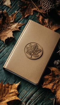 A die cut sticker with an eco-friendly theme decorates a kraft paper notebook. surrounded by dried leaves and earthy tones, the scene embodies an organic, natural aesthetic, perfect for sustainable living, journaling, or interior design inspiration.