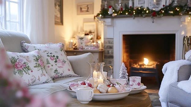 Christmas in the countryside, cottage decorated for holidays on a snowy winter evening with snow and holiday lights, English country styling inspiration